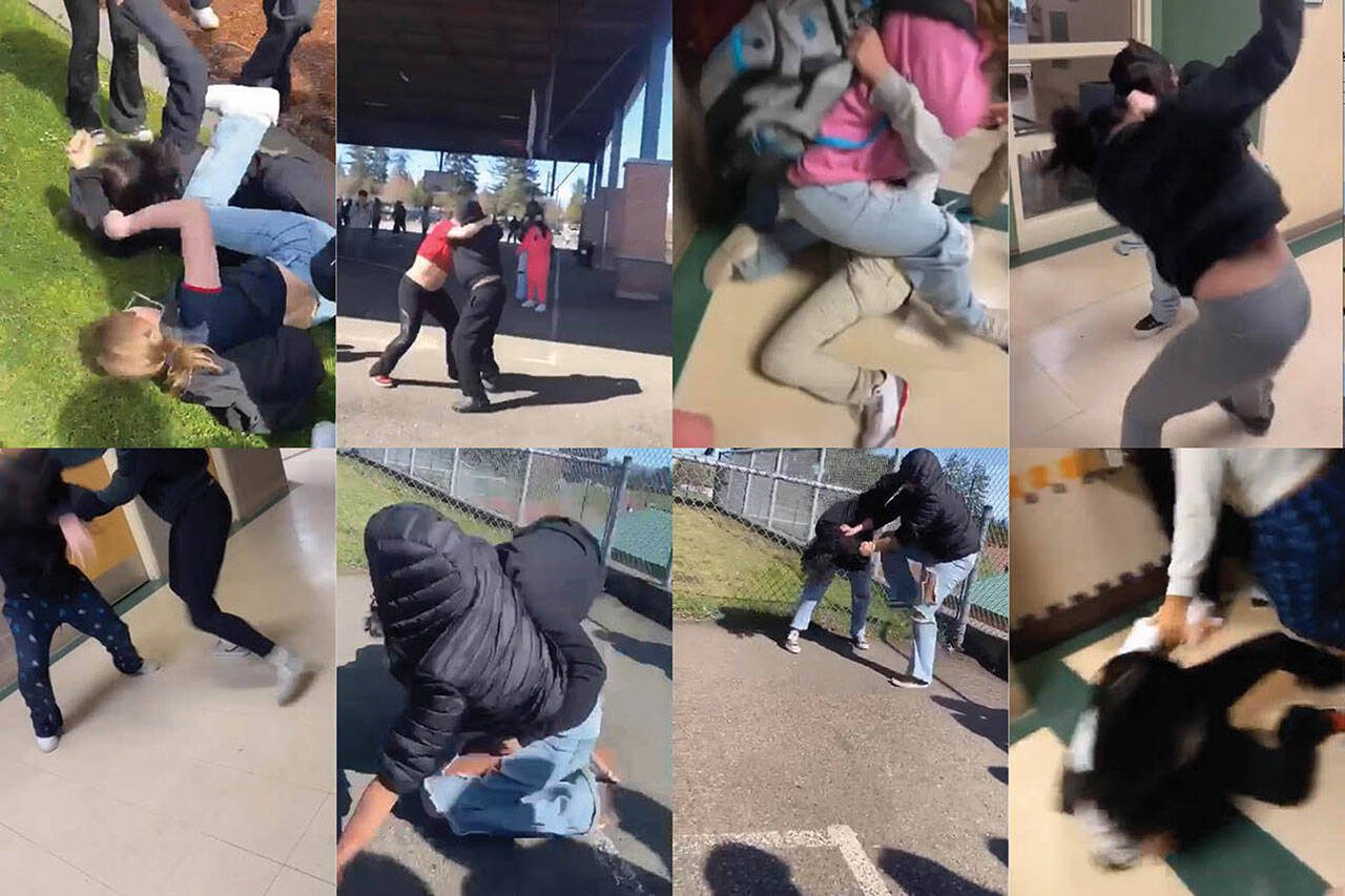 A collection of screenshots taken from Evergreen Middle School fight videos posted to social media.