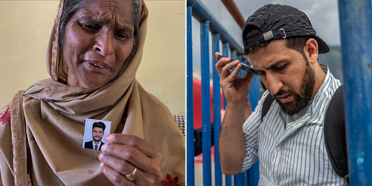 Left: Pakistani mother Tazeem Pervaiz weeps as she holds a photo of her missing son Taquir at her home in Kashmir on Tuesday. Right: Syrian Kassam Abozeed searches for his missing wife, Israa, and brother-in-law in Kalamata, Greece. (Sajjad Qayyum / Angelos Tzortzinis  / AFP via Getty Imaes)
