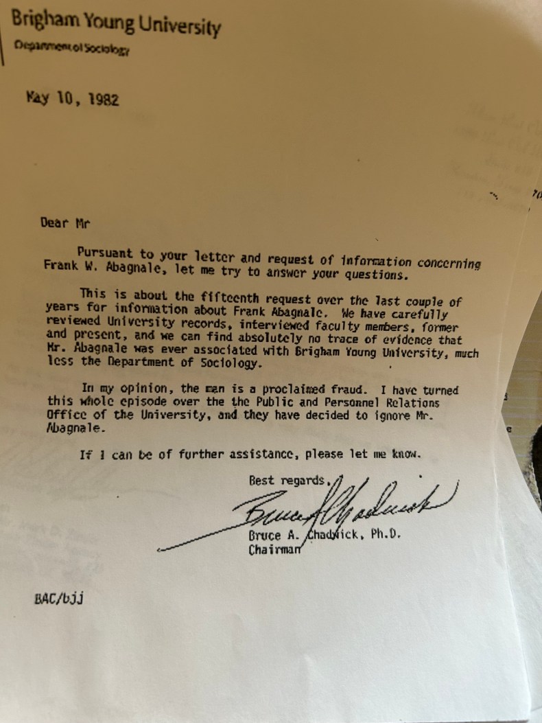 Letter from Brigham Young University saying Frank Abagnale never worked there