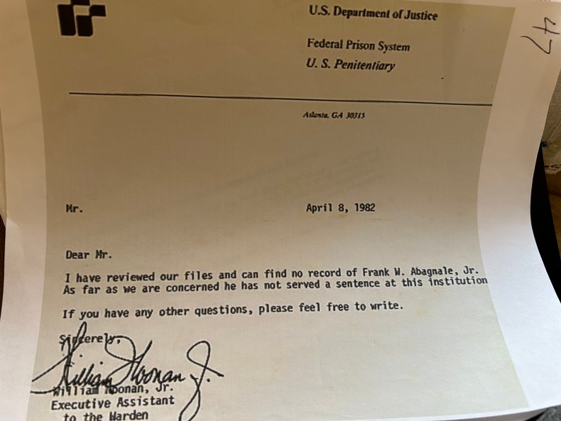 Letter from the US Penitentiary in Athens, Georgia, disputing Abagnale's timeline of his jail time.