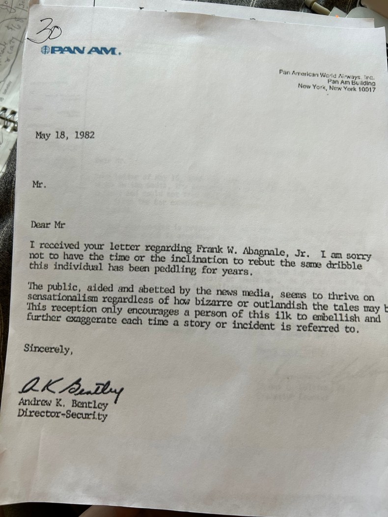 Pan Am letter saying Frank Abagnale never worked for the company