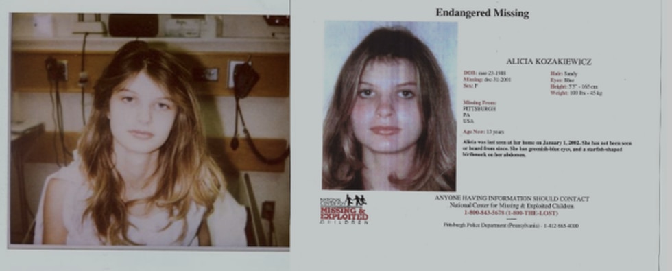 Side by side image including a photograph of Alicia Kozak taken as she sits in a hospital bed....