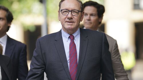 Actor Kevin Spacey arrives at Southwark Crown Court where he is accused of sexual offenses against four men while he worked at the Old Vic Theatre in London, Thursday July 6, 2023. (lucy North/PA via AP)