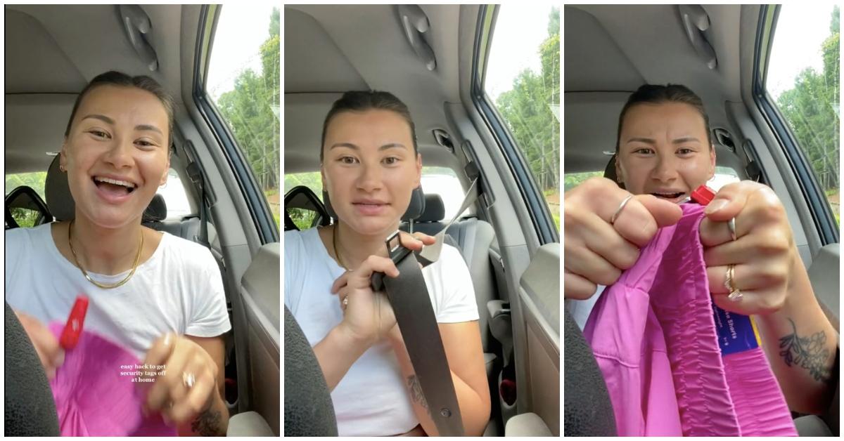 Woman gives tutorial on how to remove target security sensor using a seatbelt.