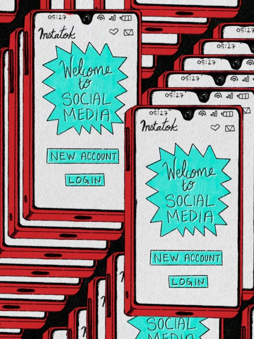 A dizzying pattern of repeating cellphones covers the page. On the screen of a phone, text reads: Welcome to Social Media. Open a New Account.
