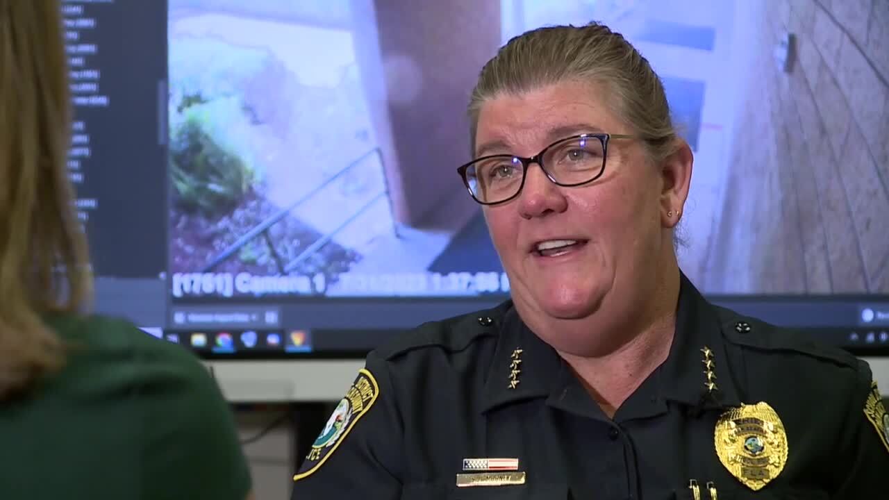 Chief Sarah Mooney of the School District of Palm Beach County's Police Department speaks to WPTV education reporter Stephanie Susskind before the start of the 2023-24 academic year.jpg