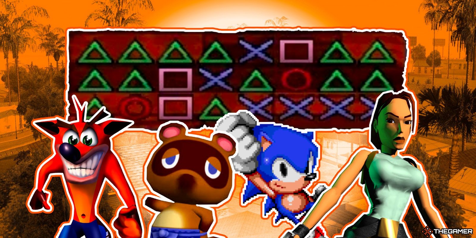 Crash Bandicoot, Tom Nook, Sonic The Hedgehog, And Lara Croft In Front Of A Massive PlayStation Cheat Code In Front Of San Andreas From GTA: San Andreas.