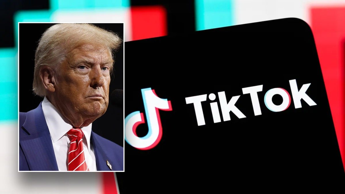Trump, inset at left; TikTok logo main image at right