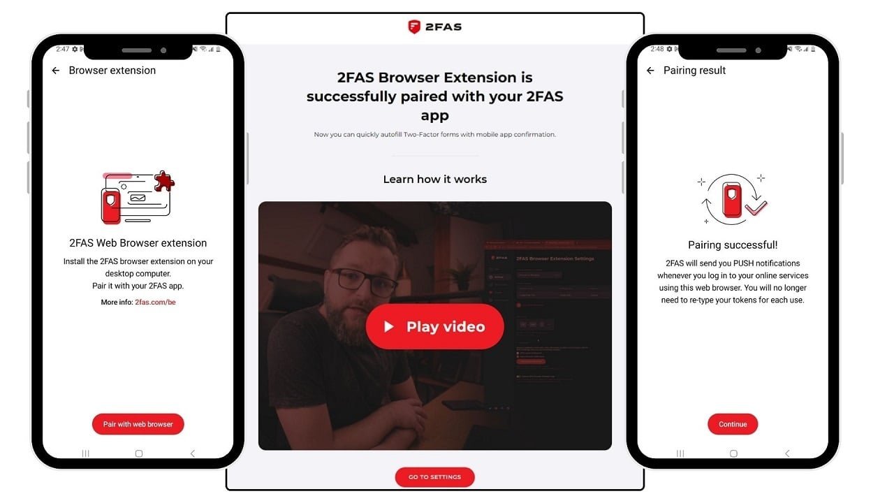 Compilation of screenshots showing 2FAS in action