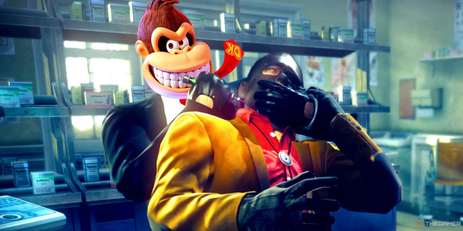 Agent 47 from Hitman sticking a needle in a target's neck but with Donkey Kong's head on Agent 47's body.