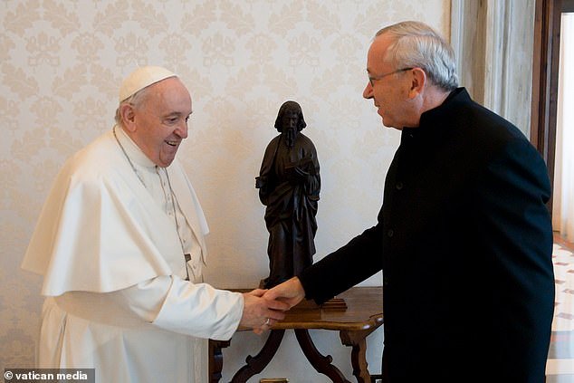 According to Anna, Rupnik would use theological language while molesting her. Soon after she took her religious vows, she said, he attacked her so violently she lost her virginity. She said Rupnik abused 20 nuns, one of whom broke her arm trying to resist him. Pictured: Pope Francis greets Jesuit Father Marko Rupnik in 2022