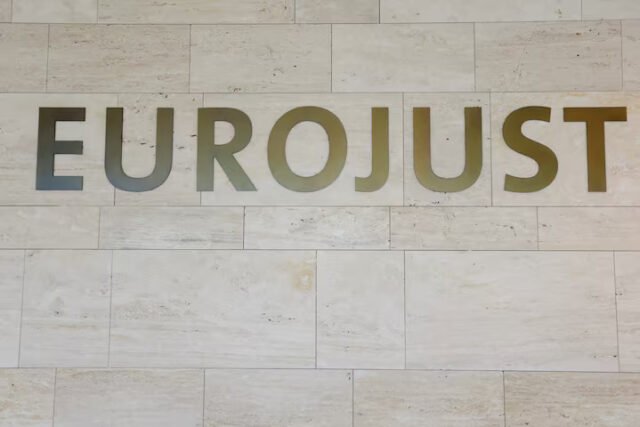 The logo of the EU Agency for Criminal Justice Cooperation, Eurojust, is pictured on its headquarters ahead of a news conference on alleged war crimes, amid Russia's invasion of Ukraine, in The Hague, Netherlands May 31, 2022. REUTERS/Eva Plevier/File Photo