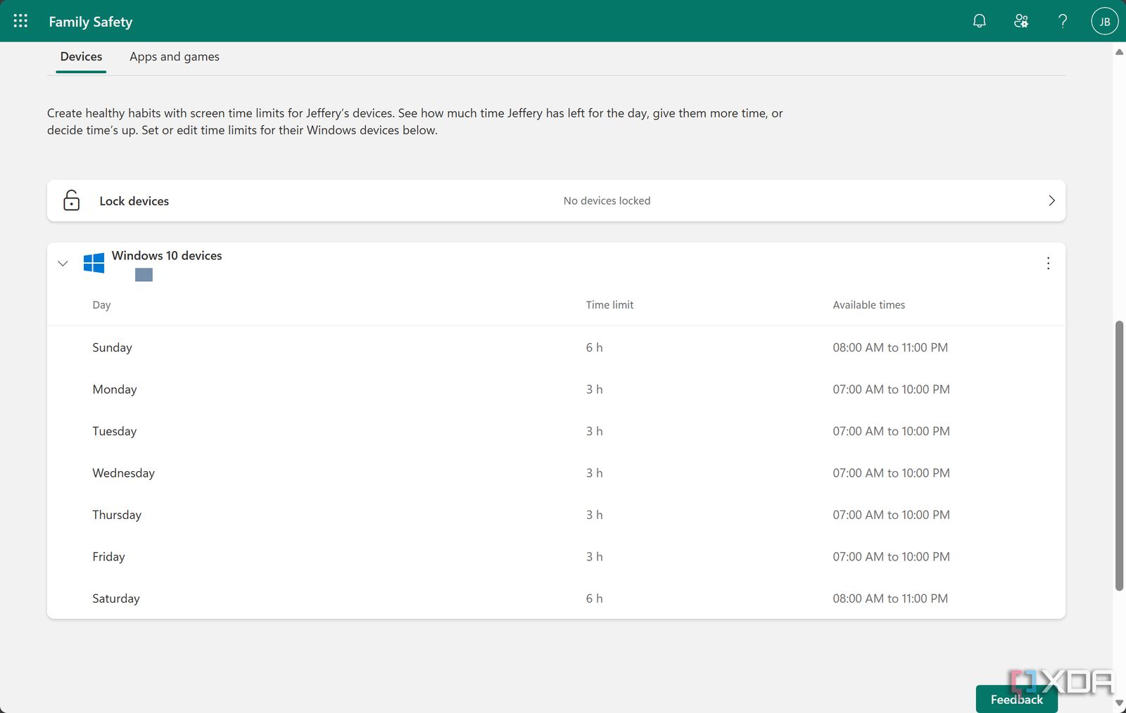 Family Safety screen time limits