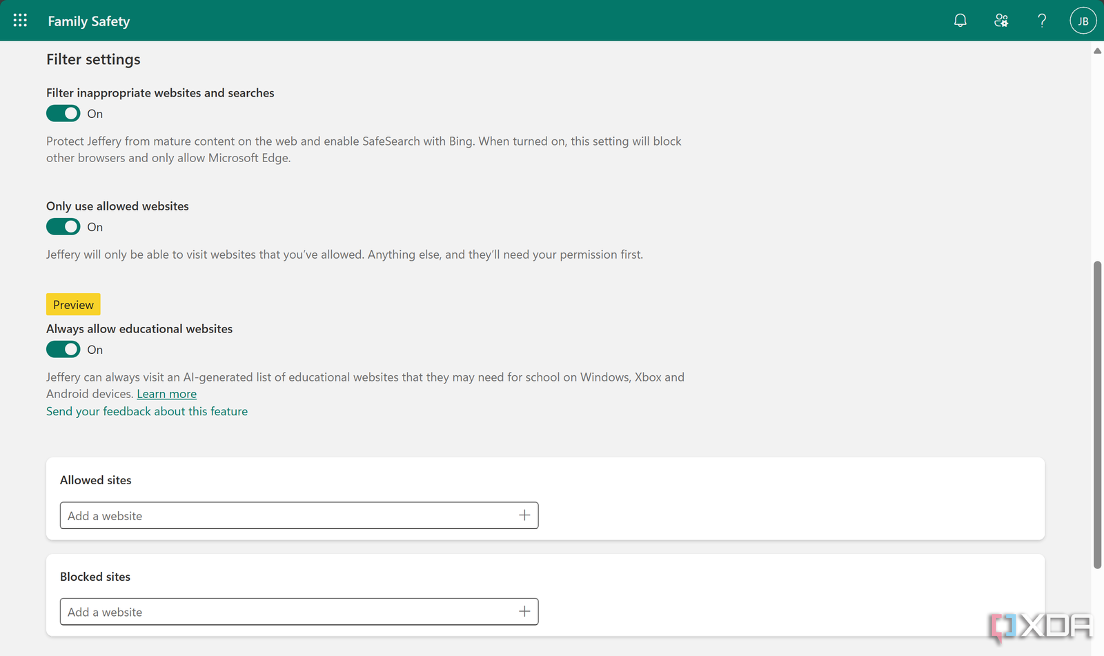 Family Safety Web Filtering Settings