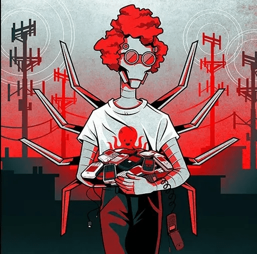 Illustration of a robot holding many cell phones.