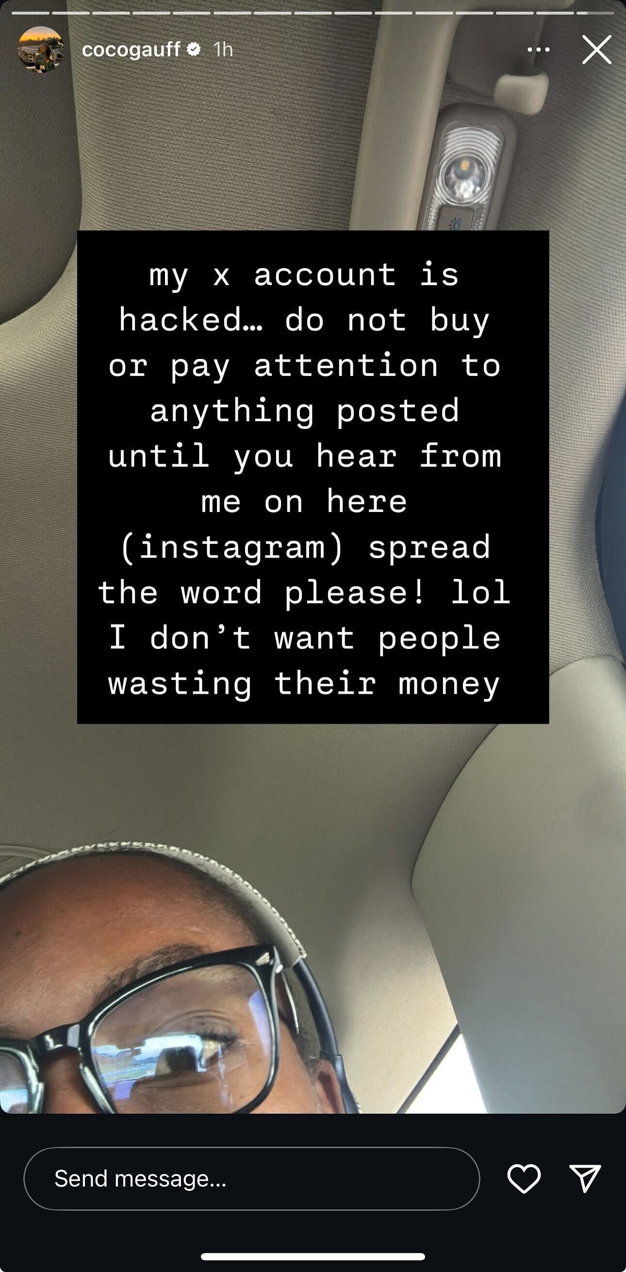 Gauff's second Instagram Story dated Wednesday, June 11, 2025, urging followers to wait for further updates about her X account (Source: Instagram/cocogauff)