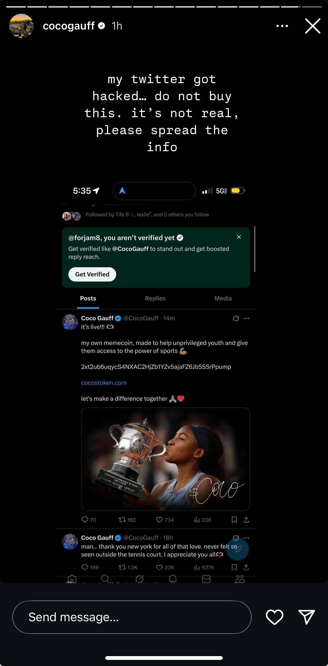 Gauff's Instagram Story dated Wednesday, June 11, 2025, updating followers on the hacked status of her X account (Source: Instagram/cocogauff)