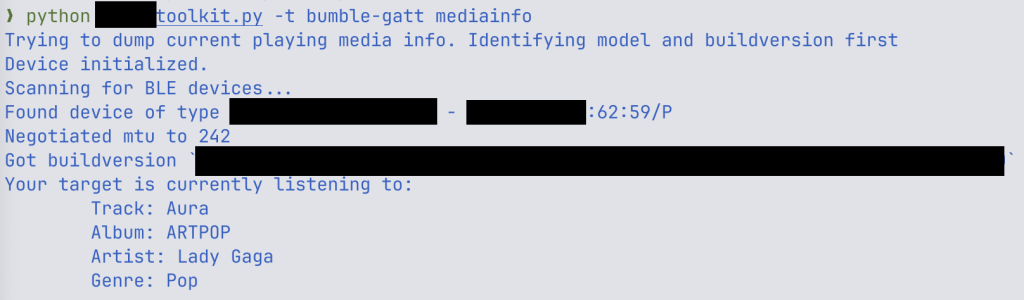 Reading currently played song from a vulnerable Airoha device