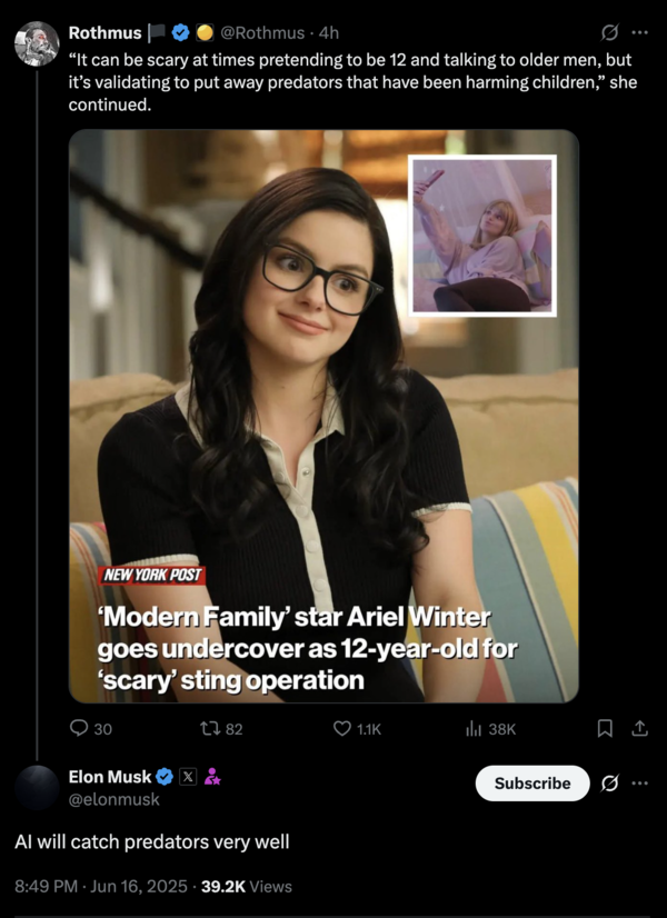 Elon Musk's response to Ariel Winter's child predator sting operation