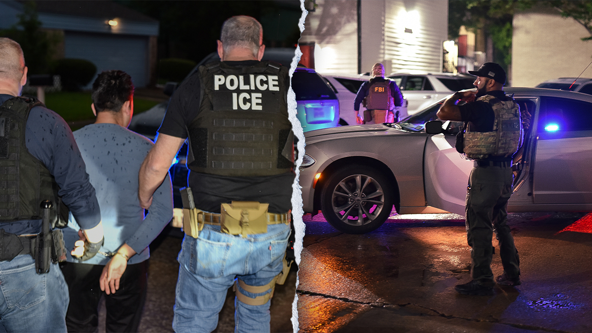 ICE officer with detainee, left; officer with police car, right