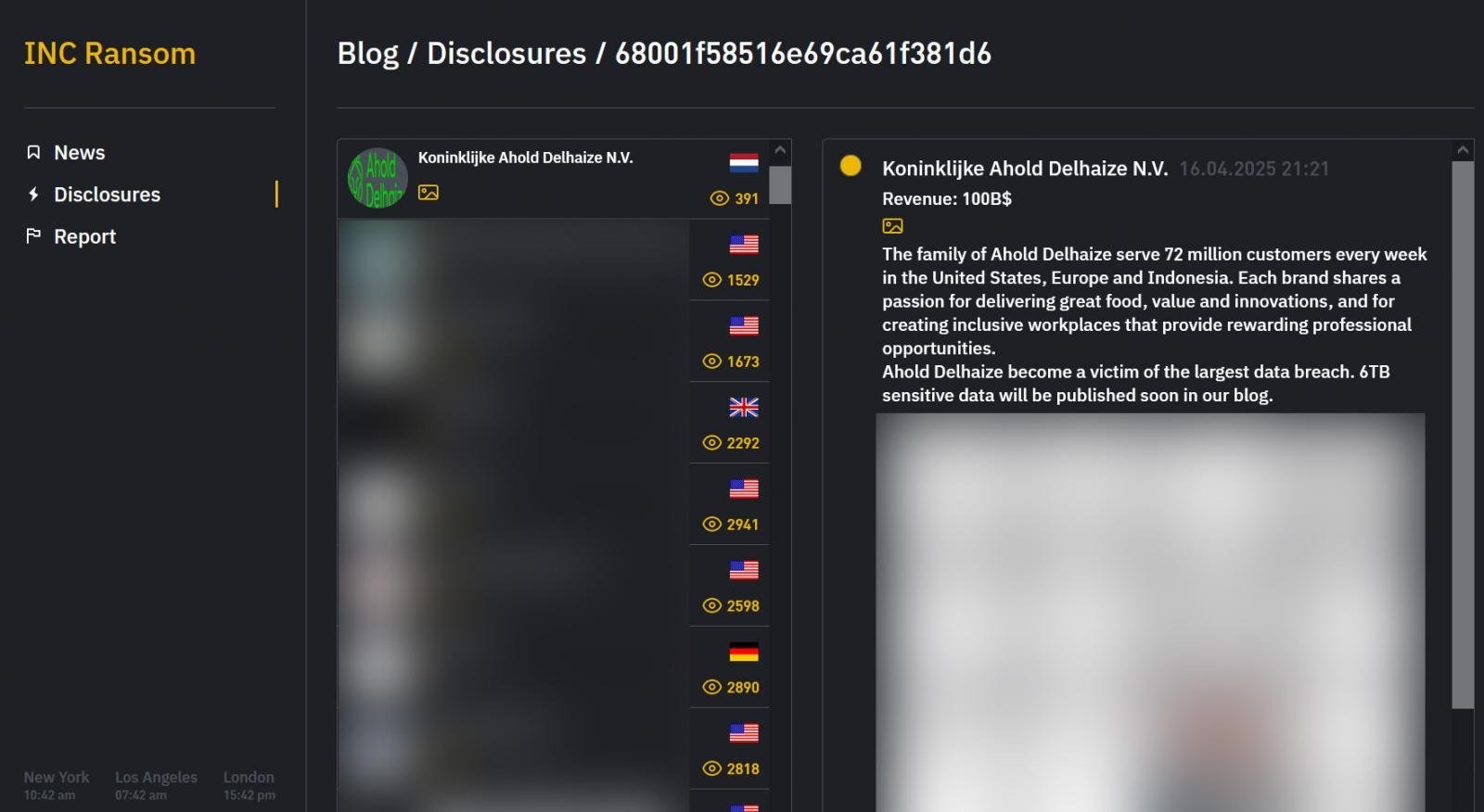 Ahold Delhaize entry on INC Ransom's leak site