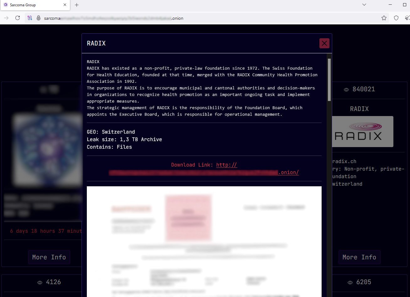 Radix data exposed on Sarcoma's dark web portal