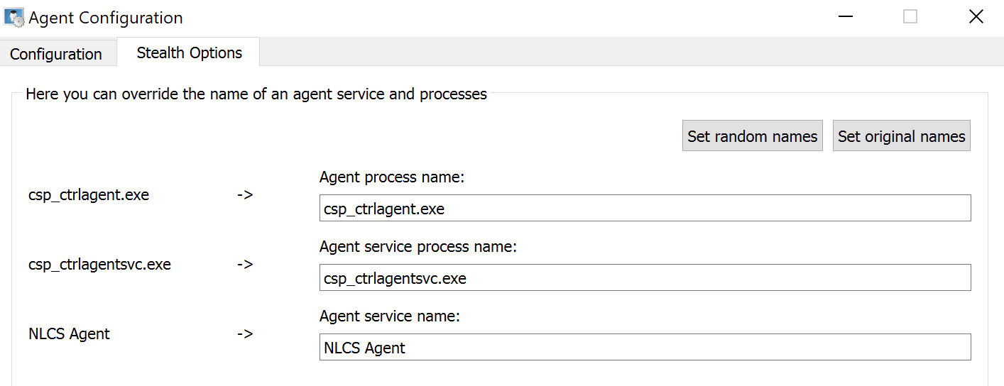 Screenshot of an Agent Configuration window with options to set or revert names of agent services and processes related to the NLCS agent and its related EXE files. 