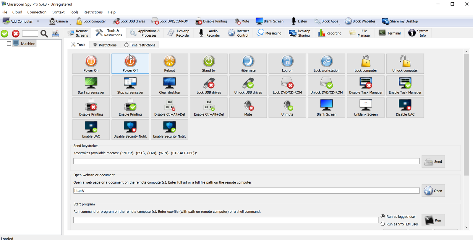 Screenshot of the control panel of Classroom Spy. There are multiple rows of buttons with icons and the options include items like Reboot, Stand by, Blank Screen and many others. There are also options to send keystrokes or open a document or start the program. 