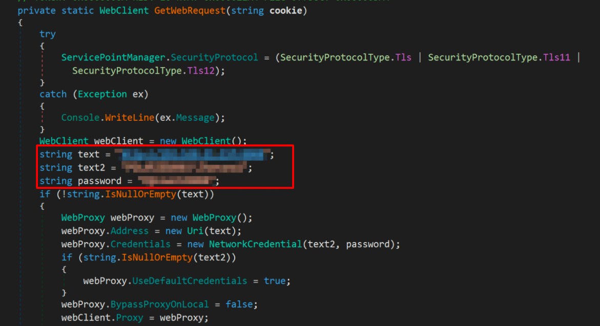 A screenshot of Visual Studio code editor displaying a C# programming code snippet with blurred text in two lines, highlighted by a red rectangle.
