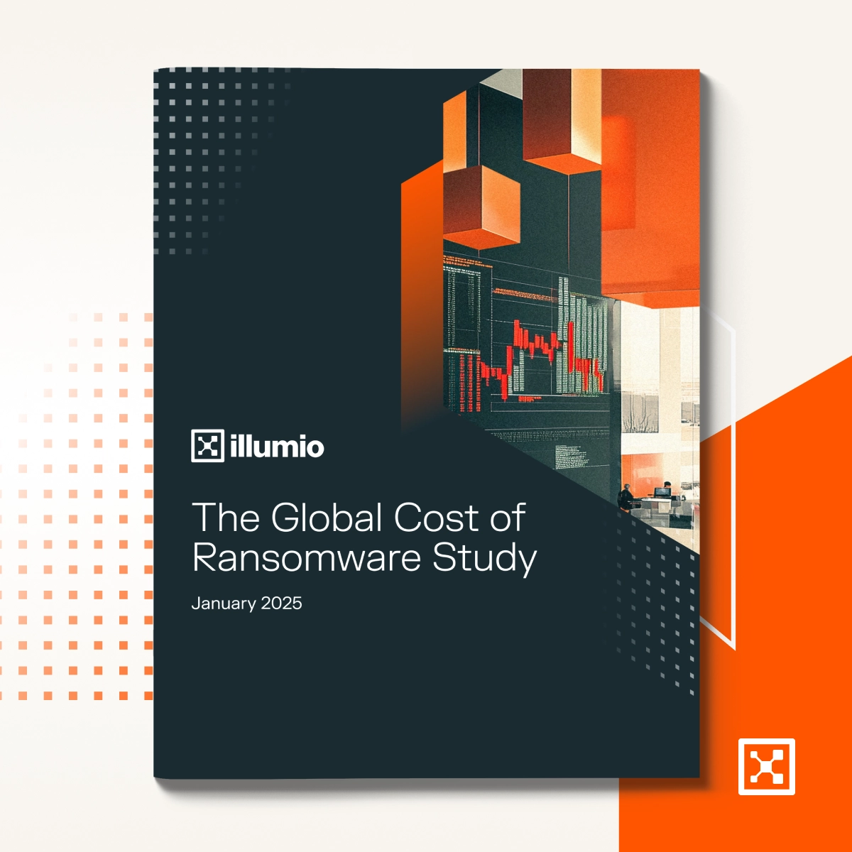 Cover of Illumio's "The Global Cost of Ransomware Study," January 2025, featuring abstract orange and black design with a digital graph and workspace elements in the background.