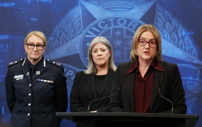 Victorian Premier Jacinta Allen, government officials and police hold a press conference to address sexual assaults in childcare centres.