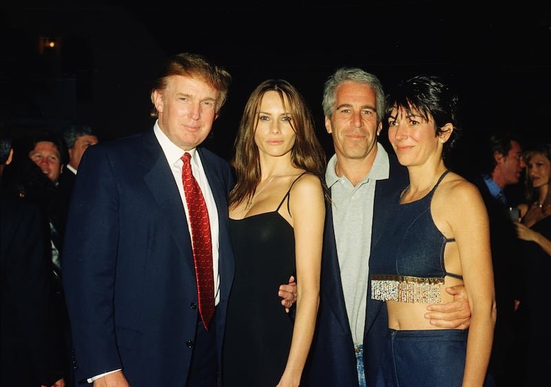 From left, Donald and Melania Trump (then Melania Knauss), Jeffrey Epstein, and Ghislaine Maxwell pose together at Trump's Mar-a-Lago club in 2000.