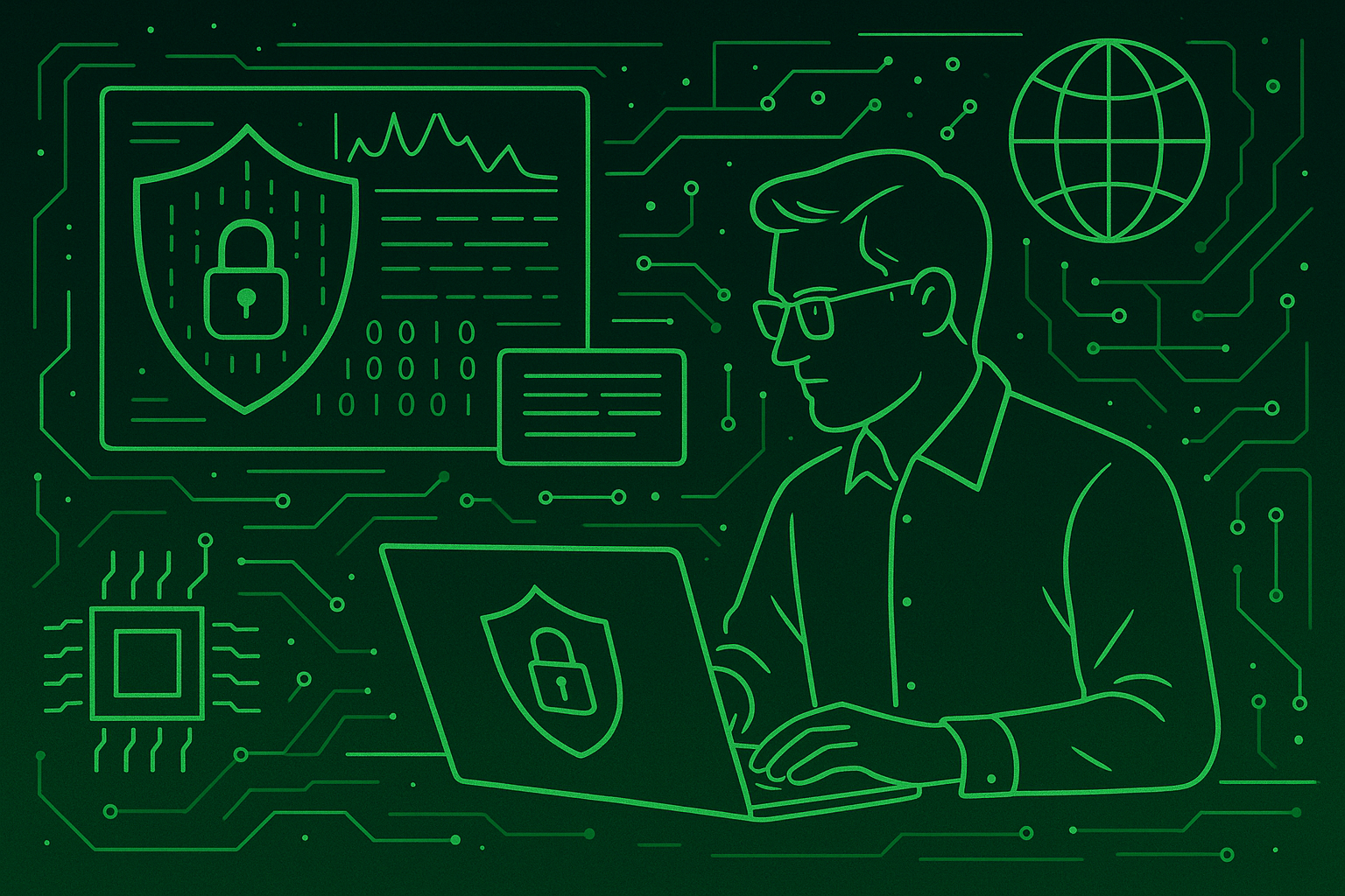 Illustration of a cyber security consultant monitoring data on a laptop surrounded by digital circuitry and shield icons