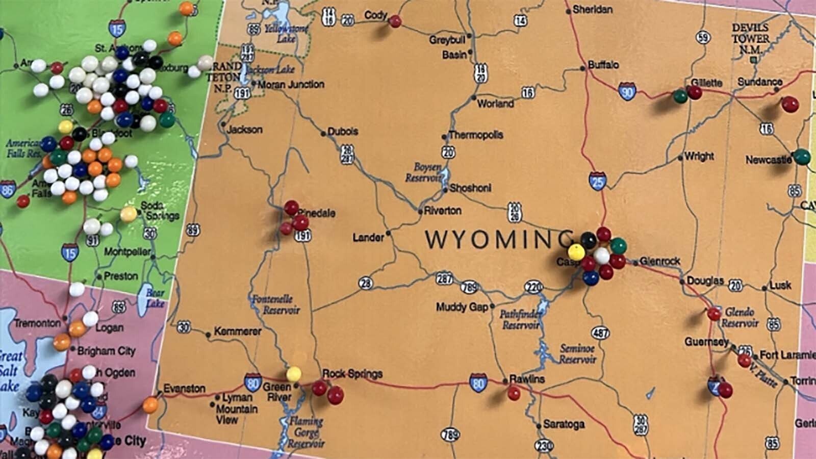 Pins from more than 110 countries and all 50 states, including Wyoming, show who has attended cybersecurity training at INL over the years.