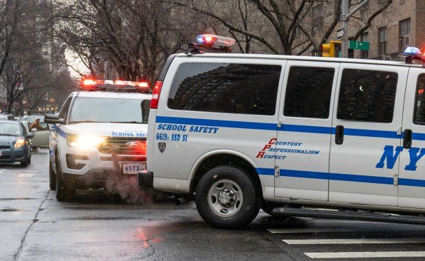 NYPD School Safety vehicles are pictured in Manhattan on Jan. 28, 2022. (Theodore Parisienne for New York Daily News)