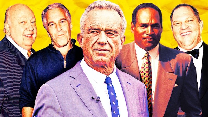 A photo illustration of Roger Ailes, Jeffrey Eisptein, RFK Jr., OJ Simpson, and Harvey Weinstein.