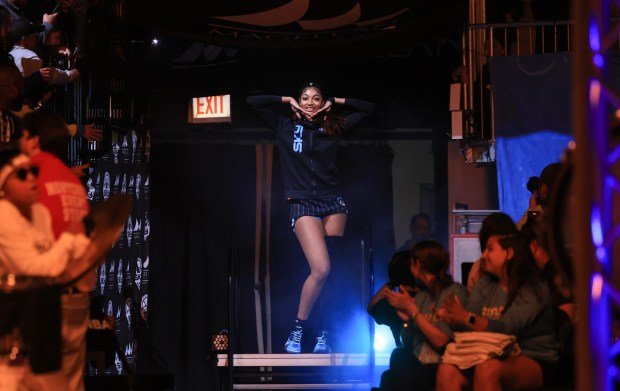 Sky forward Angel Reese is introduced for a game against the New York Liberty on May 22, 2025, at Wintrust Arena. (John J. Kim/Chicago Tribune)