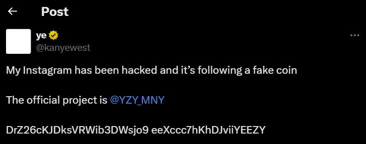 Kanye West’s Instagram hacked and now follows fake YZY coin account