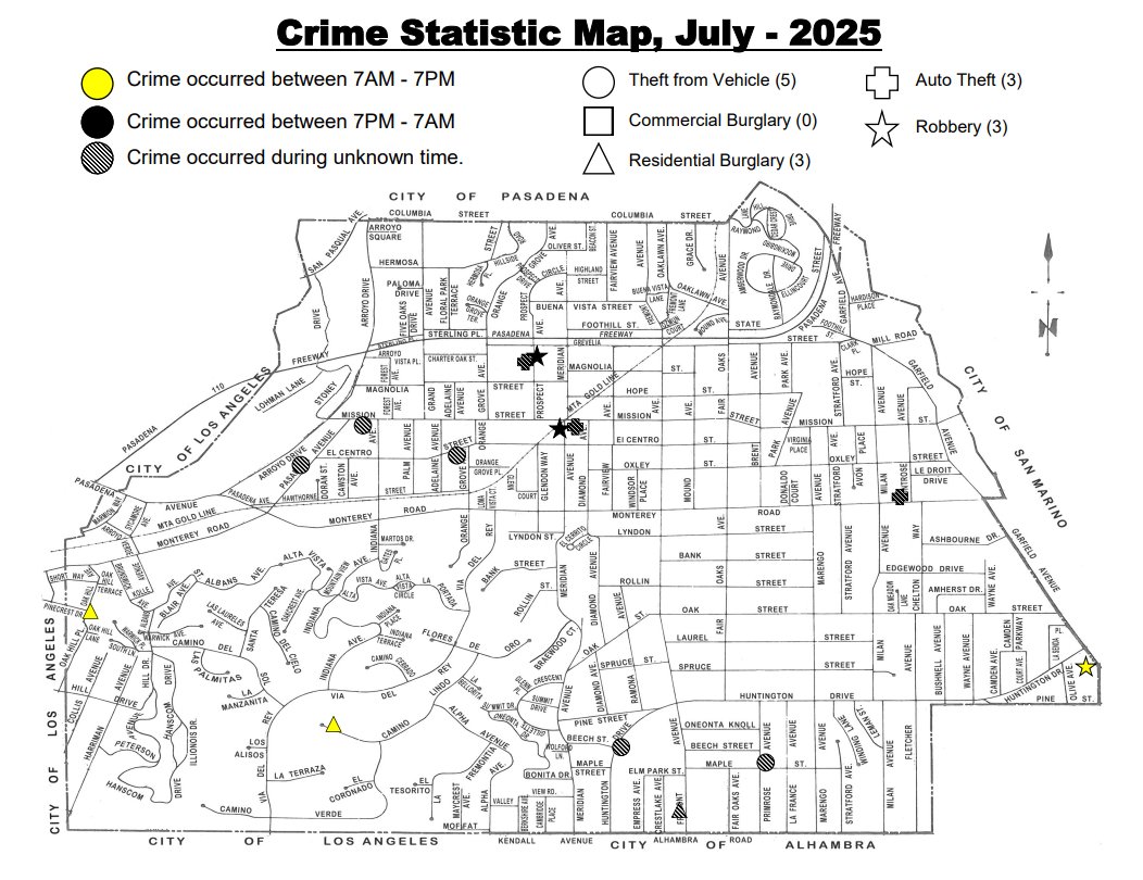 PHOTO: SPPD | The South Pasadenan | July 2025 Crime Statistic Map