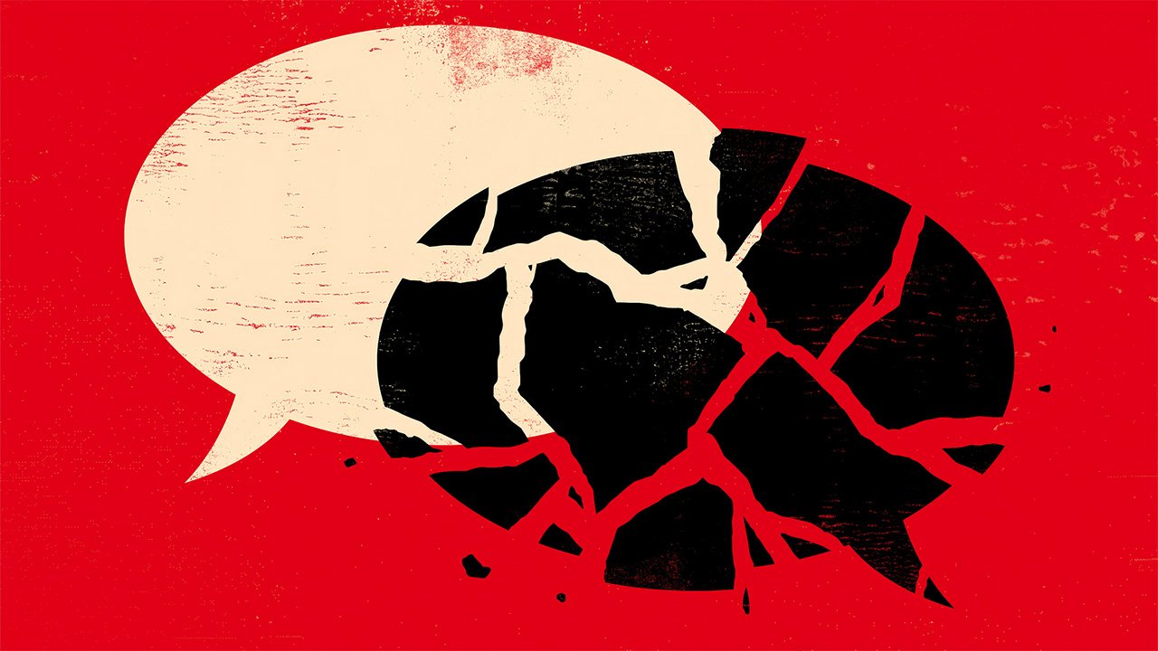 Broken speech bubble on red background