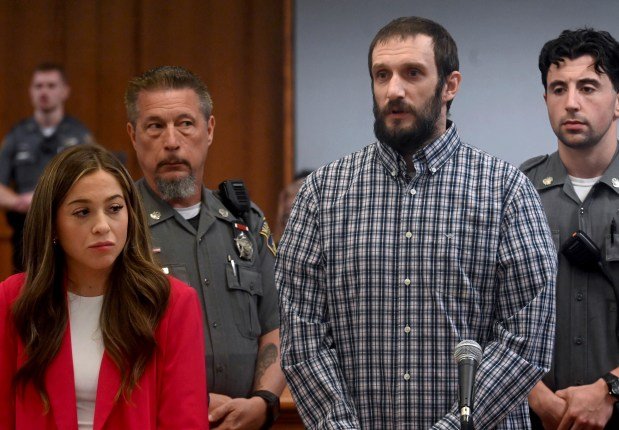 Robert Cole Parmalee, right, accused of stalking and harassing UConn basketball star Paige Bueckers, appears with his public defender Kathryn Mallach for his arraignment at Rockville Superior Court, Sept. 16, 2024, in Vernon, Connecticut. (Jim Michaud/AP)
