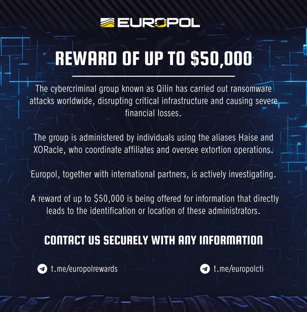 Europol Denies $50K Reward for Qilin Ransomware Leaders, Calls It a Scam