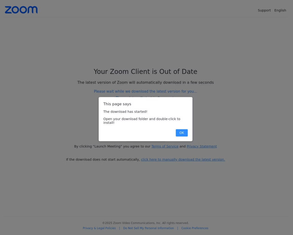 Phishing site urging the user to install a "Zoom update"
