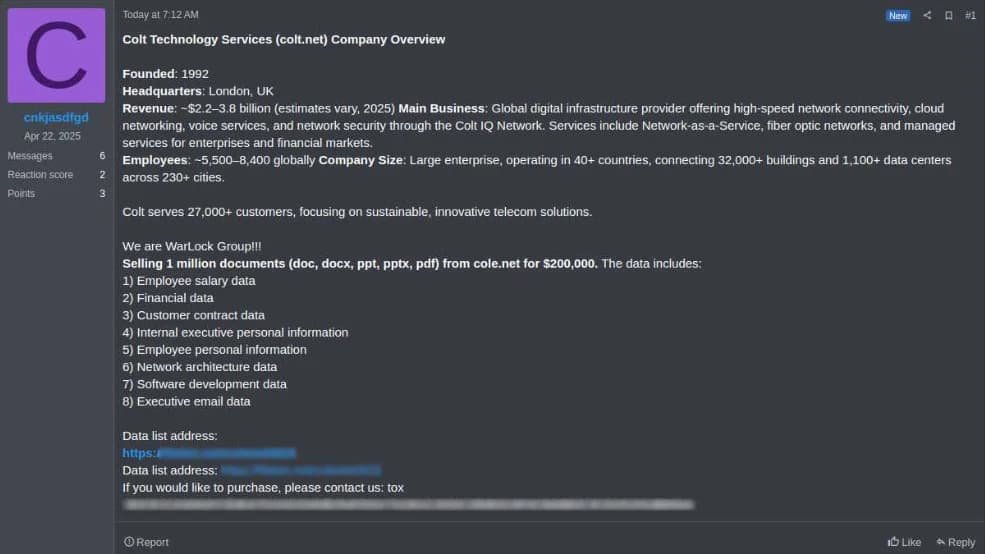 WarLock Ransomware group Claims Breach at Colt Telecom and Hitachi
