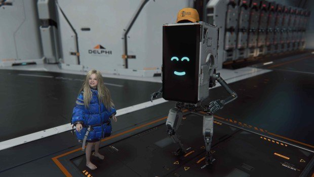 Cabin the robot and Diana the android stand next to each other in Pragmata.