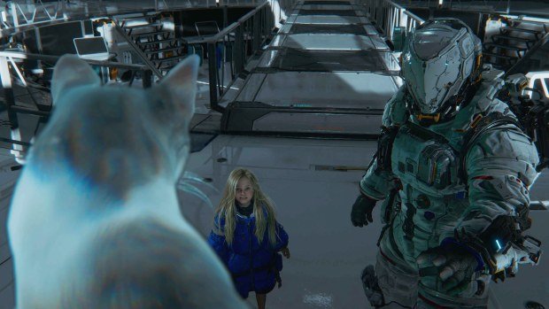 Hugh and Diana look at a holographic cat.