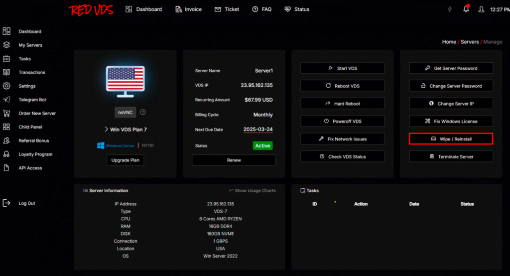 A screenshot of the RedVDS interface, showing how easy it is for subscribers to wipe and reinstall their servers.