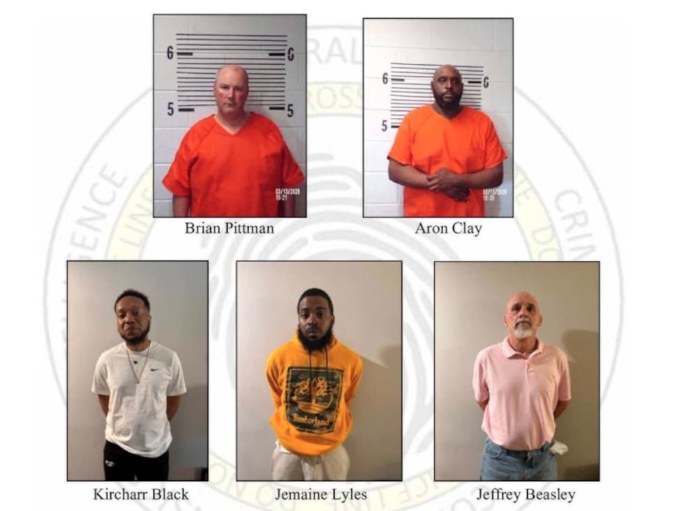 Brian Pittman, Aron Clay, Kircharr Black, Jermaine Lyles and Jeffrey Beasley were arrested and...